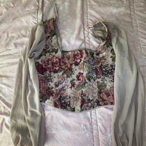 Floral Patterned Crop Top with Sheer Sleeves